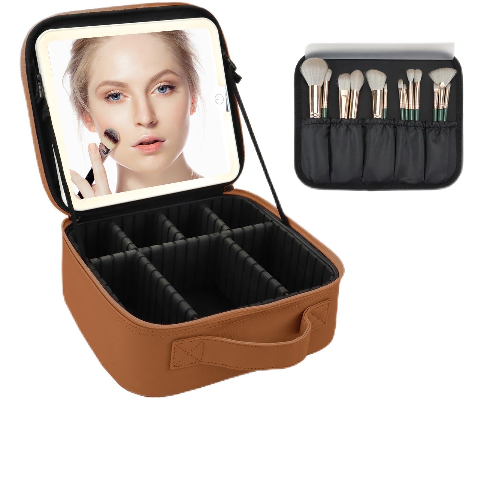 Travel Makeup Bag for Women and Makeup Artists Cosmetic Organizer Large Makeup Case,Travel Makeup Bag with Mirror 3 Color Setting,Portable Storage and