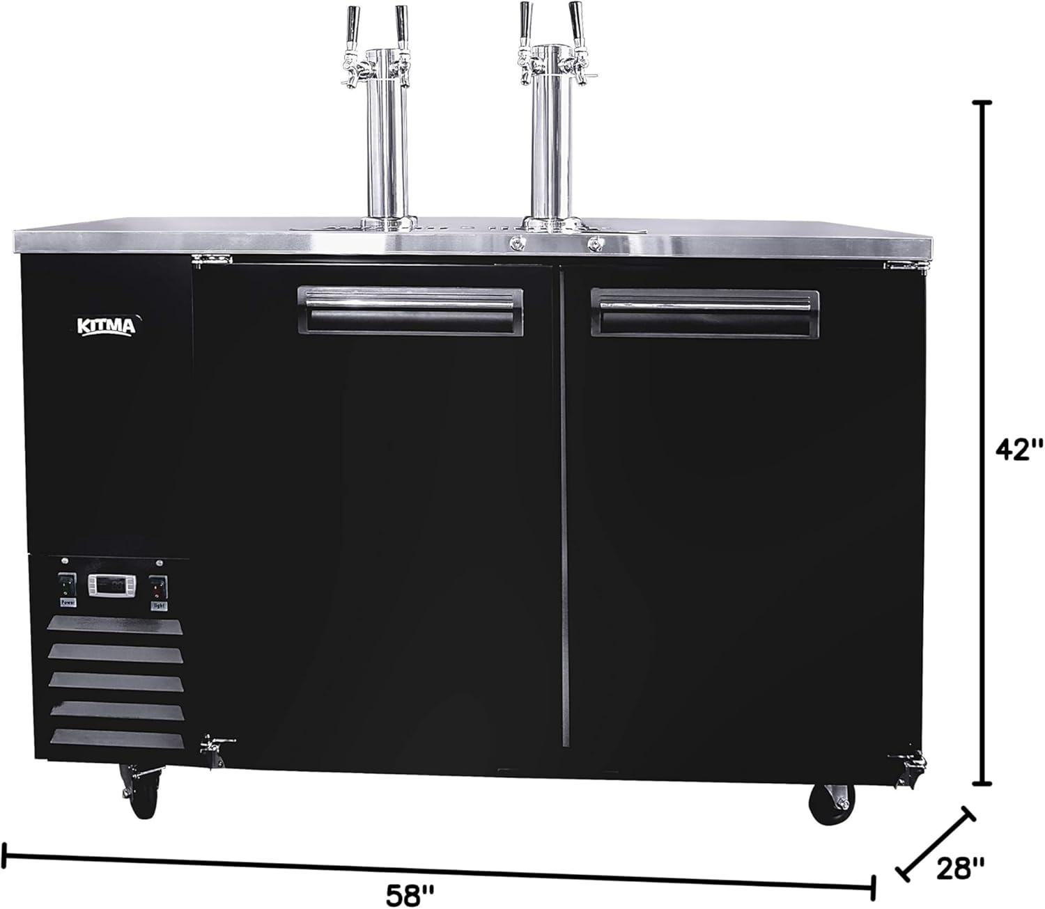 Dimensional drawing of the KITMA Commercial Dual Tap Kegerator showing height, width, and depth