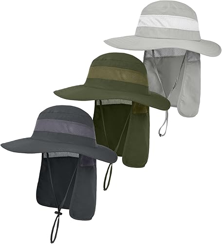 Paquete de 3 sombreros de malla UPF50+ para hombre, sombrero de pesca de ala ancha con solapa para el cuello para senderismo jardín