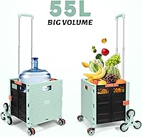 Vista 264 de FELICON SELORSS - Carrito plegable portátil con ruedas para subir escaleras y ruedas giratorias de 360°, mango telescópico, caja de plástico