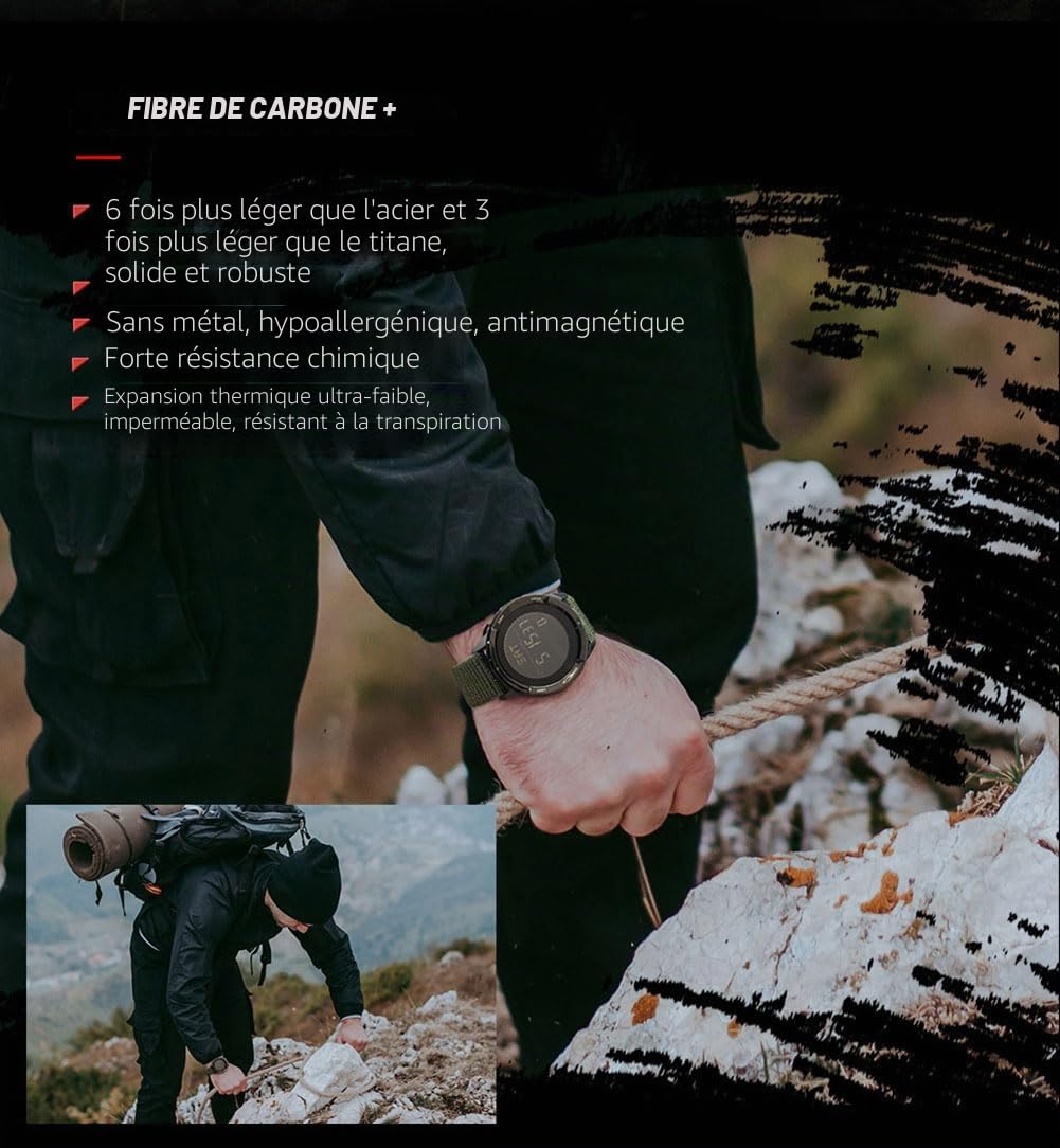 Montre Digitale d'extérieur pour Hommes avec boîtier en Fibre de Carbone Rétro-éclairage par LED Montre Tactique étanche à 50M Montres Militaires Boussole Montre-Bracelet