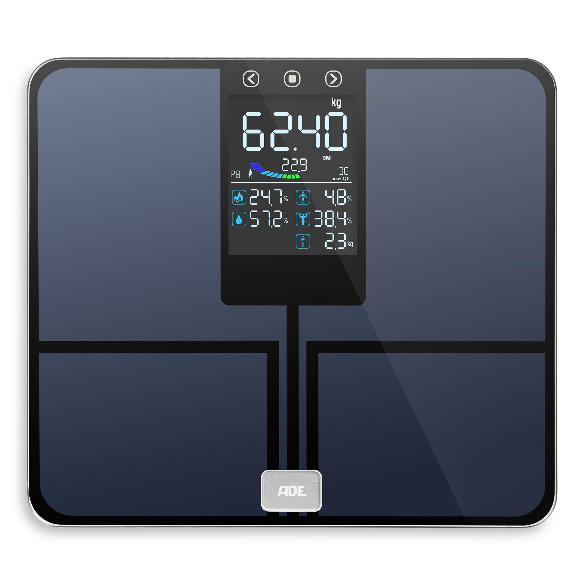 ADE Digitale Körperfettwaage mit großem Farbdisplay | alle Werte auf einen Blick | Körperanalysewaage bis 200 kg | Waage mit Körperfett und Muskelmasse | 8 Speicherplätze und Nutzererkennung | blau
