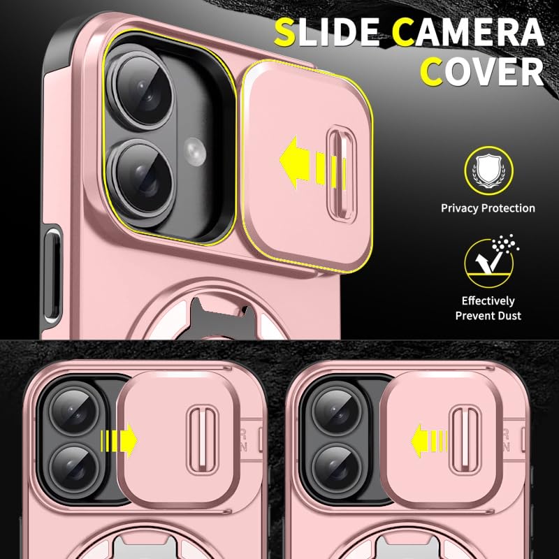 Image of LuxuryKase Shockproof Rugged Case for iPhone 16 Plus | Slide Camera Cover | 360 Rotating Ring Kickstand | Military-Grade Protection - Rose Pink