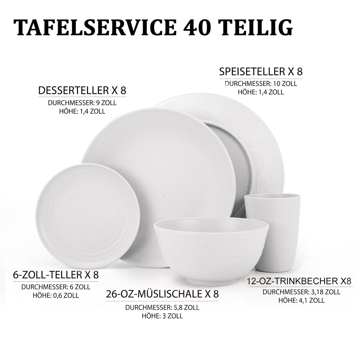 Wrova Set di piatti in plastica, 40 pezzi, piatti di plastica, ciotole per cereali, bicchieri di plastica, riutilizzabili, set di stoviglie da campeggio per 8 persone, lavabili in lavastoviglie e