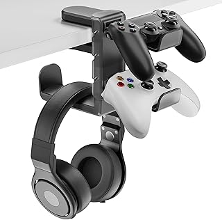 3-in-1 PC Gaming Headset and Controller Holder Headphones Hanger with Adjustable Clamp and 2 Holder and Rotating Arm, Univ...