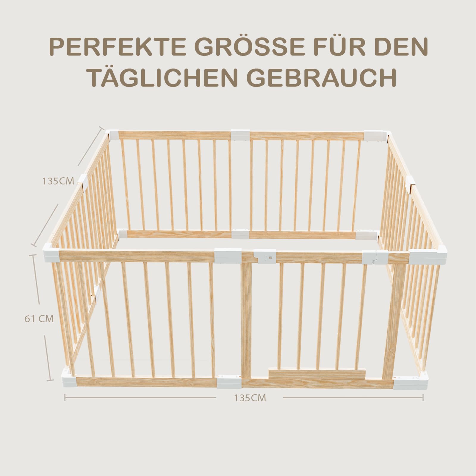 Baby Laufstall aus Holz mit Tür & Sicherheitsverschluss - Robustes Laufgitter zum Zusammenbauen, individuell formbares Krabbelgitter & Absperrgitter für Babys und Kleinkinder(135 * 135 * 61 cm)