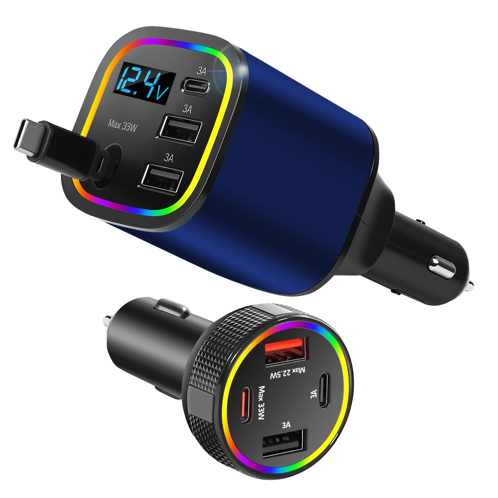 Ładowarka samochodowa USB C, 4 w 1, chowana, 78 W, szybkie ładowanie, ładowarka USB C, adapter do zapalniczki samochodowej, adapter typu C na L do iOS/Android