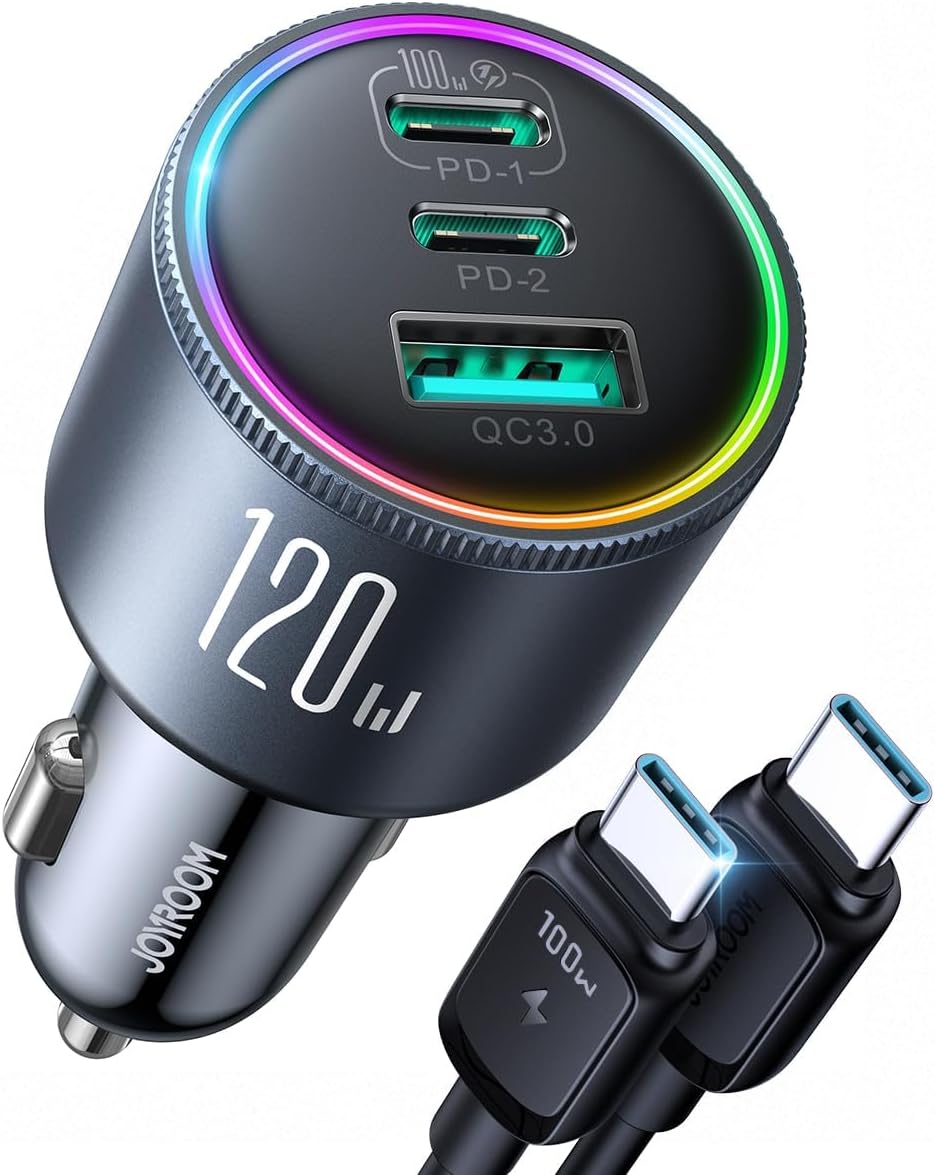 JOYROOM 120W 3 Ports Car Charger Fast Charging with USB-C Cable 100W, [3 Chips] Car Cigarette Lighter Charger, PD100W & QC3.0 Cigarette Lighter Socket 12V for iPhone17/16/Samsung S25/24/Phones/iPad