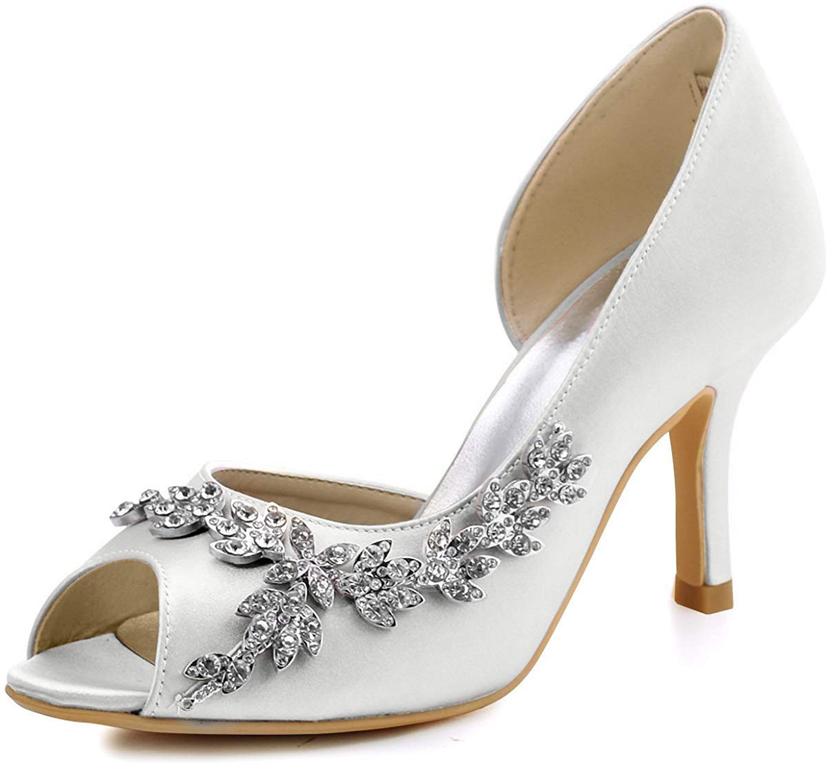 ELEGANTPARK Wedding Heels for Women Peep Toe Wedding Shoes for Bride High Heel Pumps Rhinestones Bridal Shoes Satin Evening Party Prom Dress Pumps
