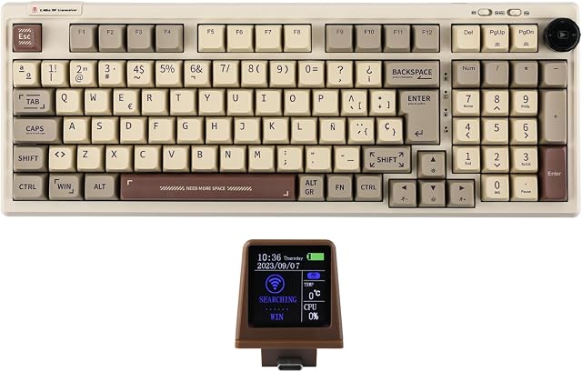 EPOMAKER RT100 ISO (Español) Teclado Mecánico Con Mini TV personalizable. 98 Teclas, Gasket, Knob, 5000mAh, Hot-Swap, Bluetooth/2.4 GHz/USB-C para Mac/PC/Game (ES Retro, Gateron Yellow Switch)