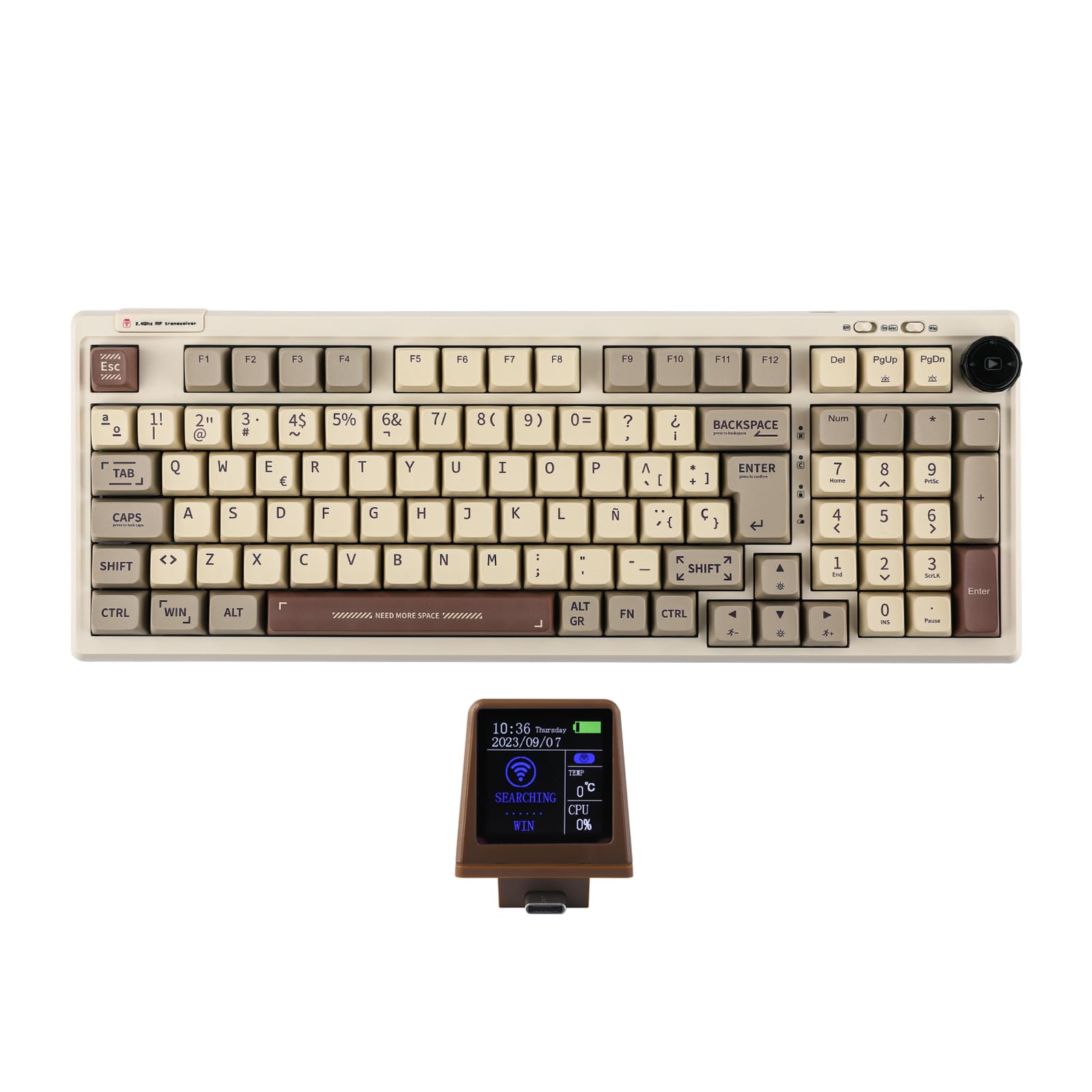 EPOMAKER RT100 98 Teclas ISO (ES QWERTY) Teclado Mecánico para Juegos con Mini TV Personalizable, Junta, con Cable/Bluetooth/Wireless, Hot Swap, Batería 5000mAh (Retro Blanco, Gateron Pro Yellow)