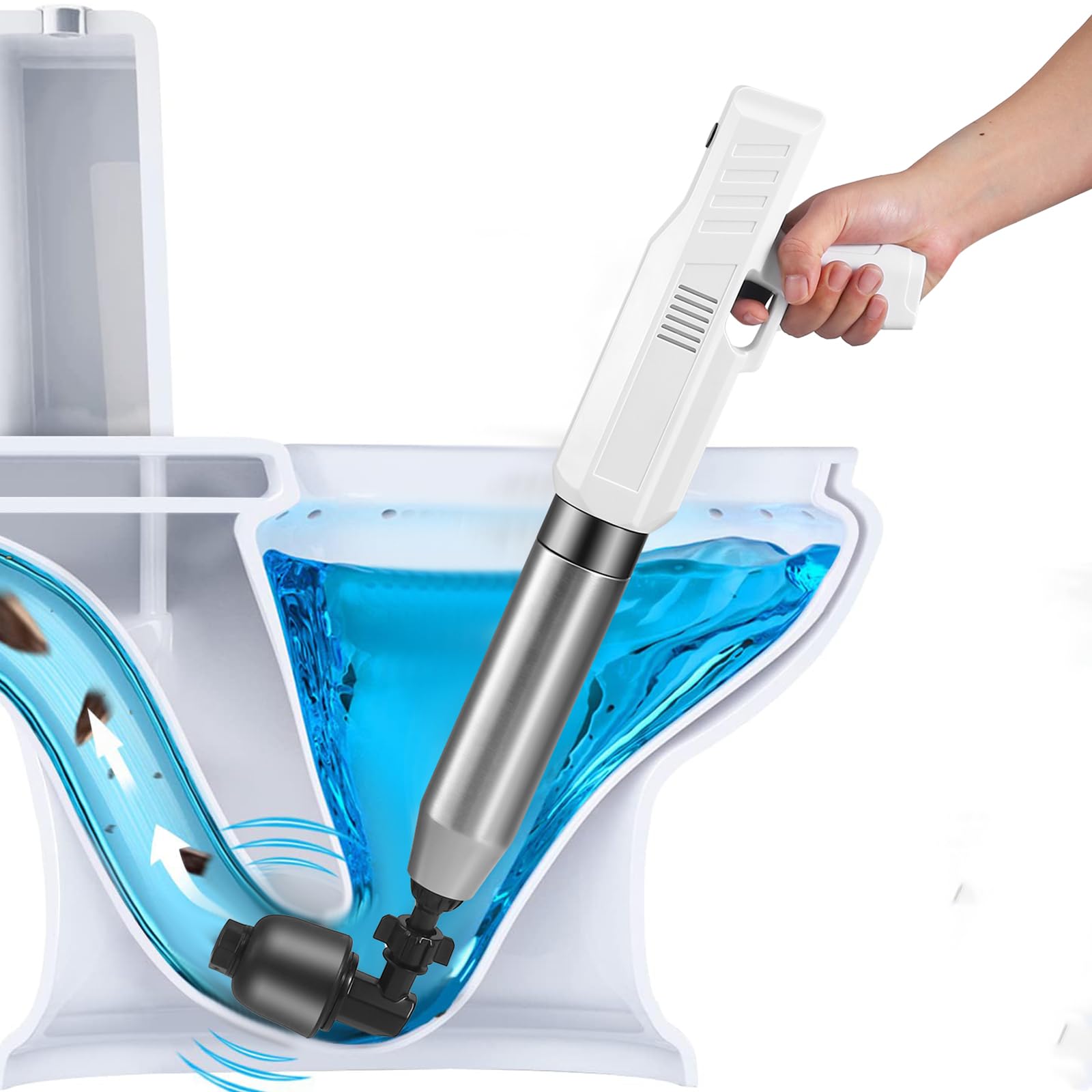 Déboucheur WC Électrique, Déboucheur de Toilette Haute Pression, Déboucheur Canalisation Air Comprimé avec 4 Têtes Remplaçables, pour Déboucher les Toilettes, Drain de sol, Lavabo, Baignoire