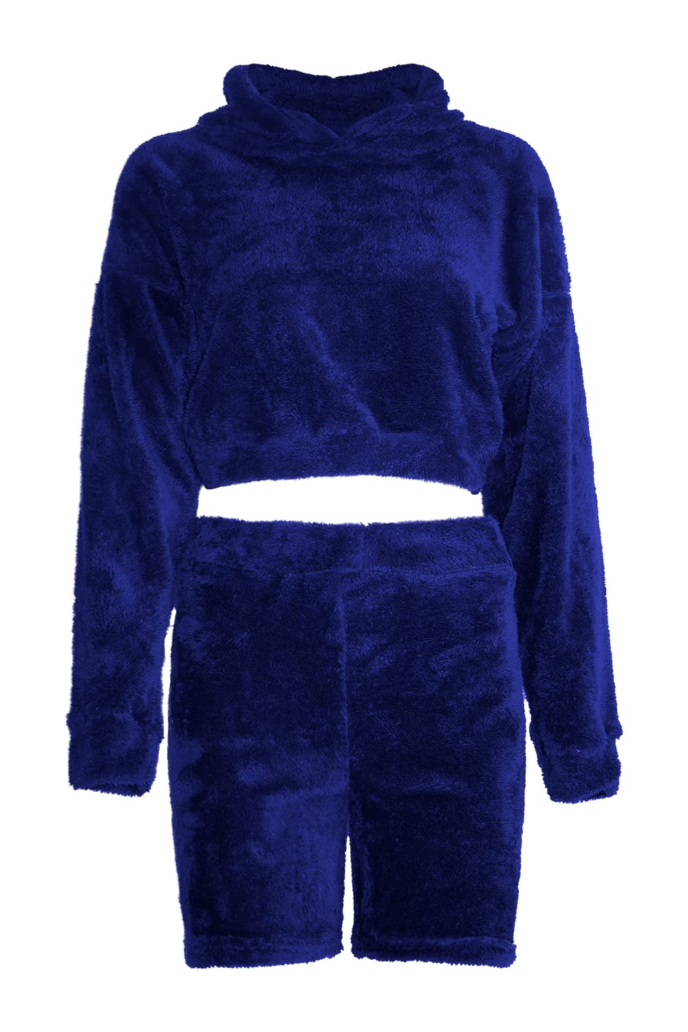 Fashion StarWomens Teddy Fleece Fluffy Faux Fur Hooded Crop Tops Shorts Set Tracksuit Loungewear