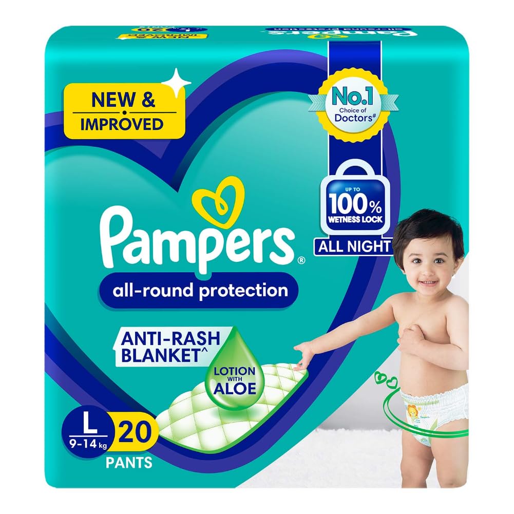 Pampers All round Protection Pants, Large size baby Diapers, (L) 20 Count,9-14 kg Lotion with Aloe Vera