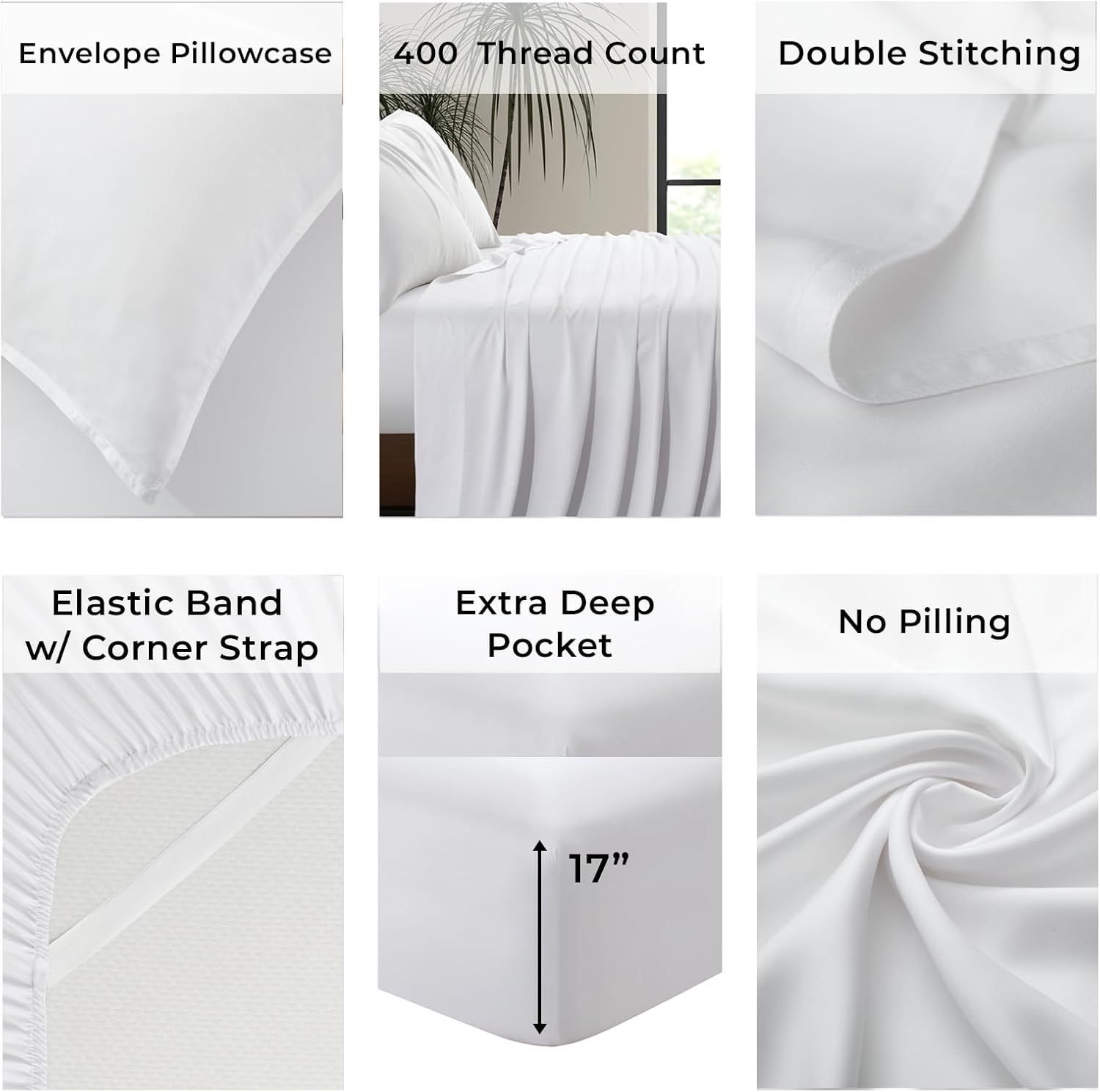 Luxury Bamboo Market | King Size Bed Sheet Set | 100% Viscose Made from Bamboo | Organically Grown | Ultra Soft | Cooling Sheets for Hot Sleepers | 17" Deep Pocket [Classic White] - Image 5