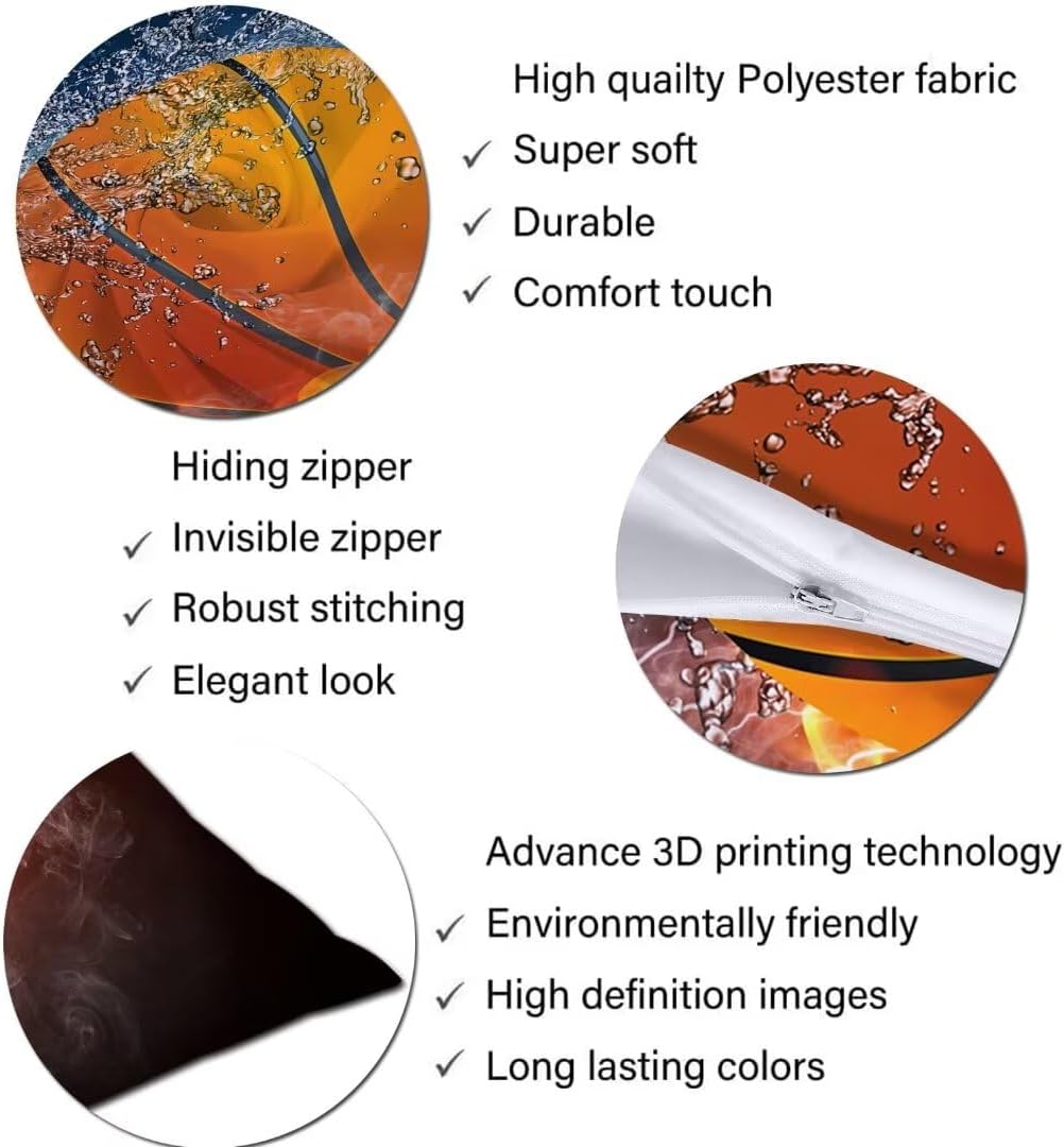 Basketball Body Pillow Cover, Orange with Black, 20"x54", Polyester, Soft, Washable, Decorative, Indoor, Bedding, Body Pillow Case