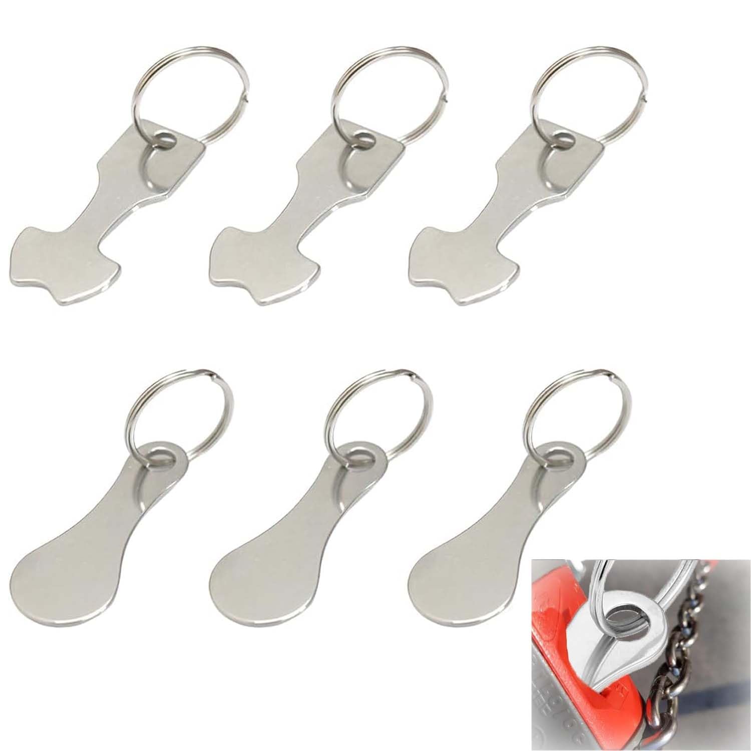 6 Pieces Stainless Steel Shopping Trolley Key Ring - Two Models of Removable Tokens, Silver, 1