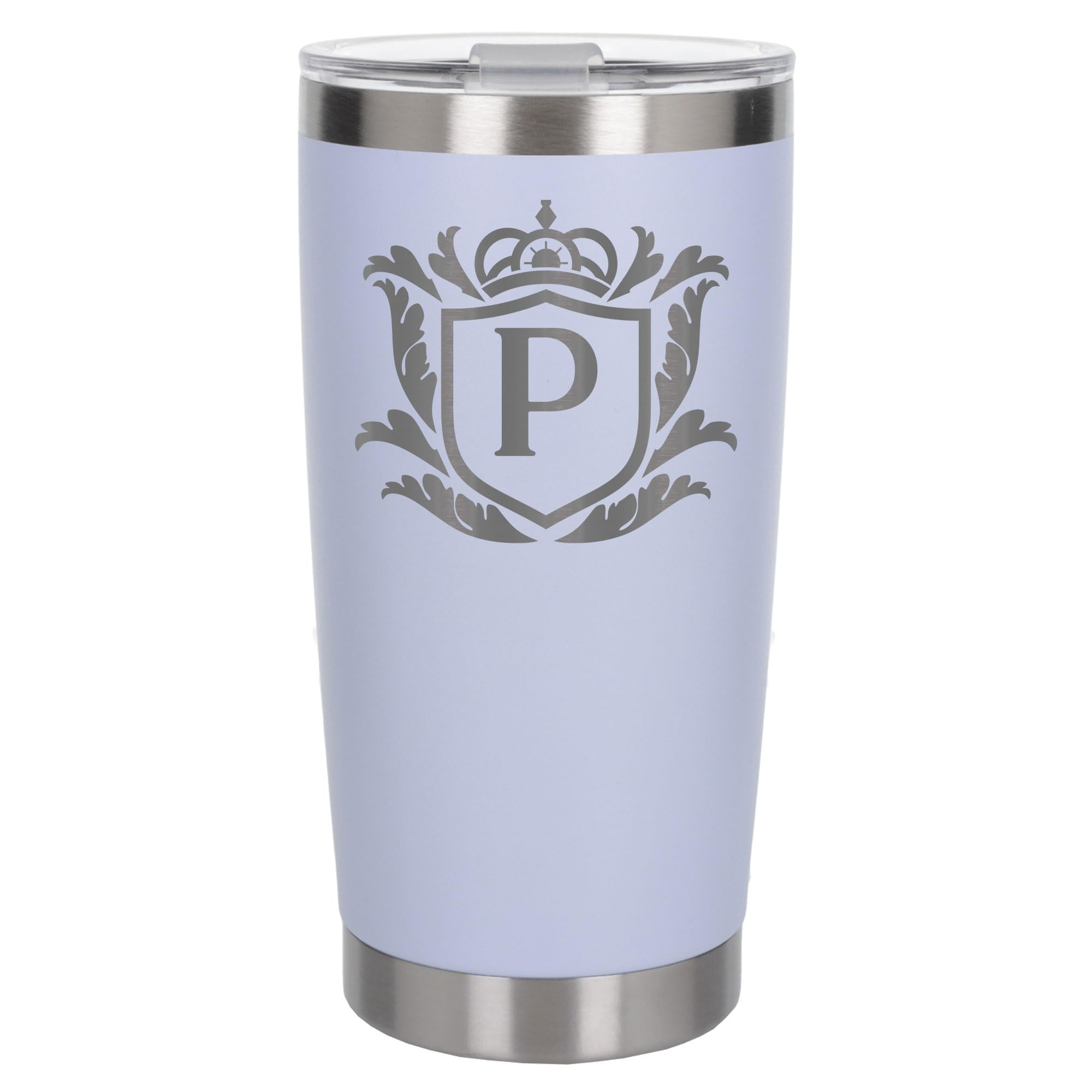 Customised Gifts 500ml Engraved Shield Initial Monogram Insulated Personalised White Travel Mug for Men and Women - Personalised Initial Coffee Travel Mug for Hot and Cold Beverages, Letter P