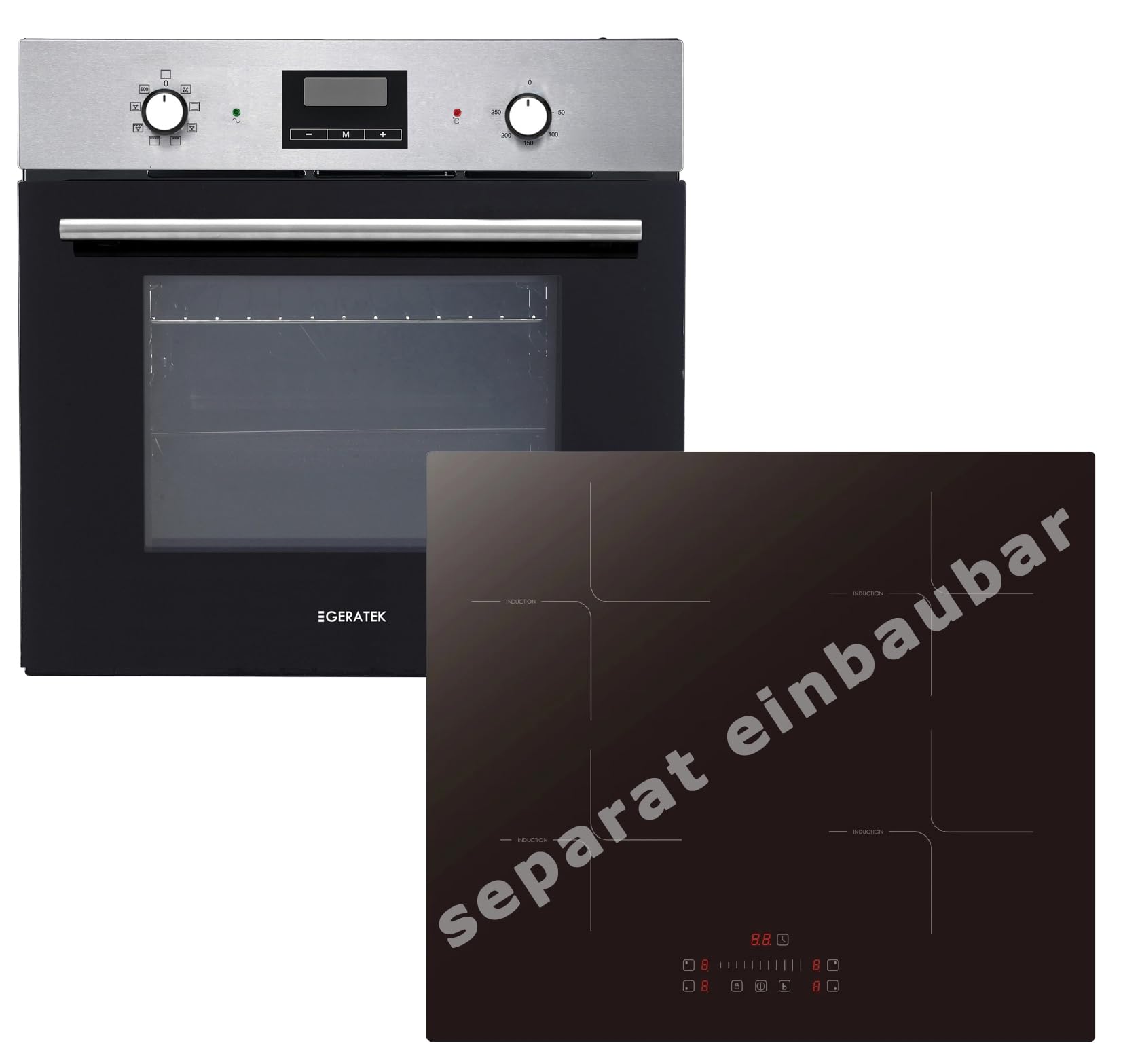 Einbauherd-Set Backofen Umluft Grill Display mit Uhr & Timer autarkes Induktionskochfeld 60 cm breit Timer rahmenlos Topferkennung Backofen Set Herd