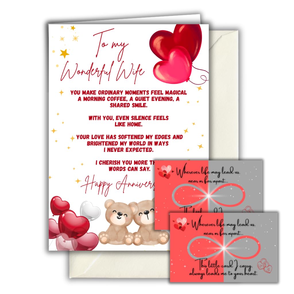 Anniversary Card for Wife with Keepsake Promise Cards, A5 Size + Wallet Size, Envelope Included, UK Made (Happy Anniversary For Wife design 1)