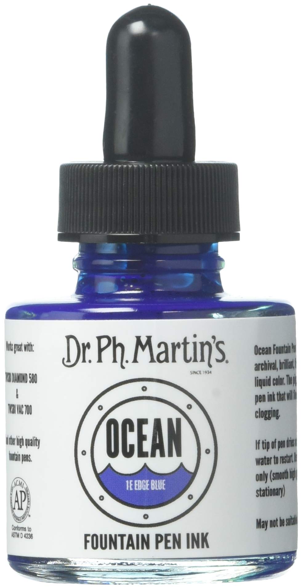 Dr. Ph. Martin's Ocean Fountain Pen Ink (1E) Ink Bottle, 1.0 oz, Edge Blue, 1 Bottle