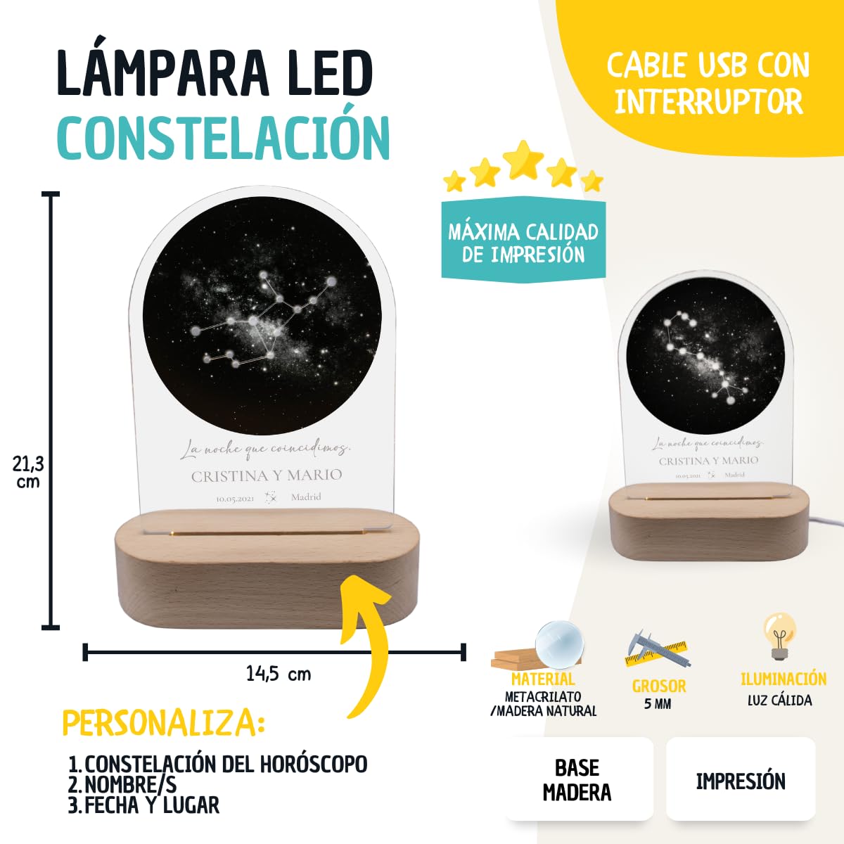 DEREGALOOS Lámpara LED personalizada mapa estelar. Lámparas personalizadas con constelación. Regalos originales signos del zodíaco. Regalos para parejas. (Acuario)