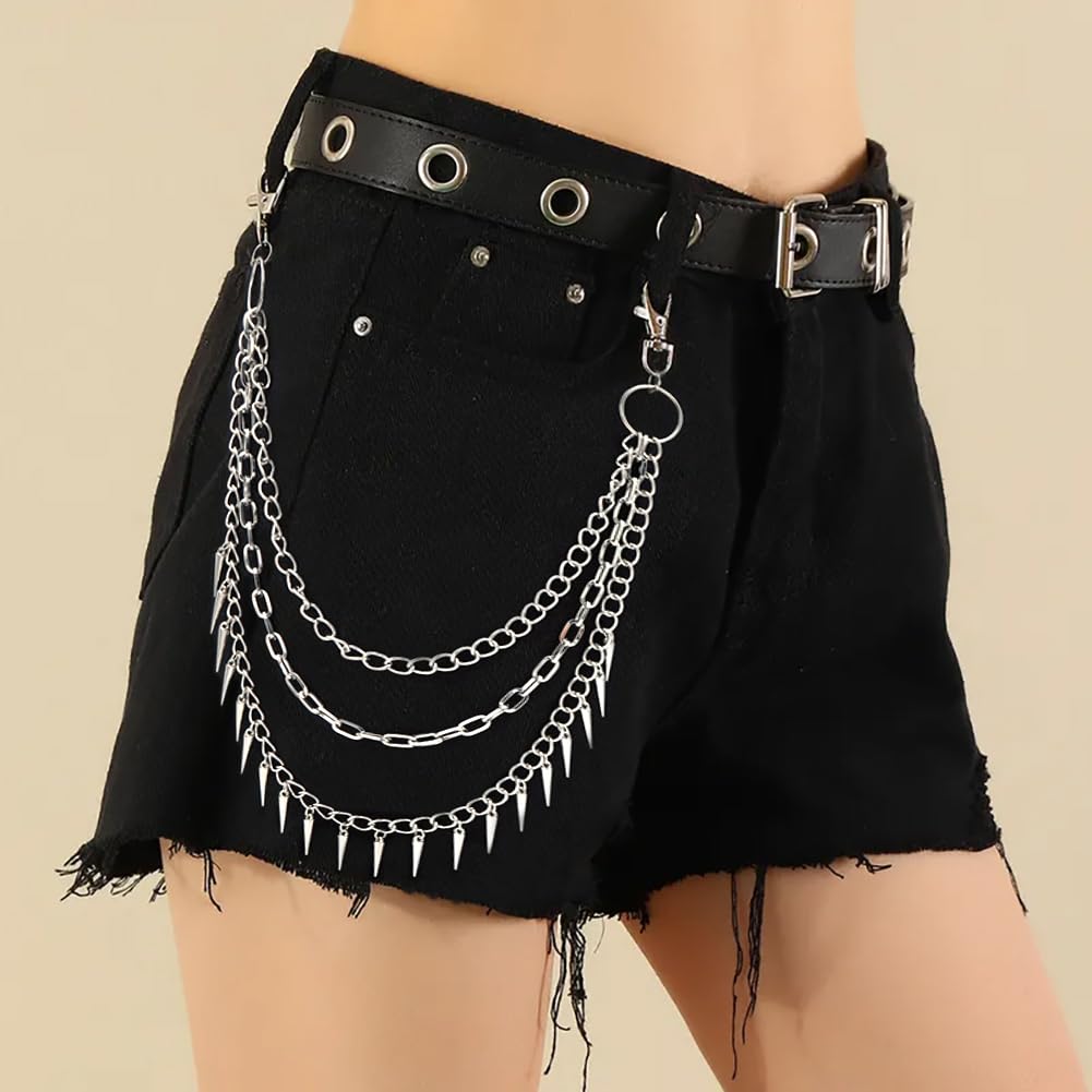 Liutufy Layered Pant Chains - Stylish Denim Pocket Chains for Gothic Punk Fashion - Men and Women (Silver Rivet)