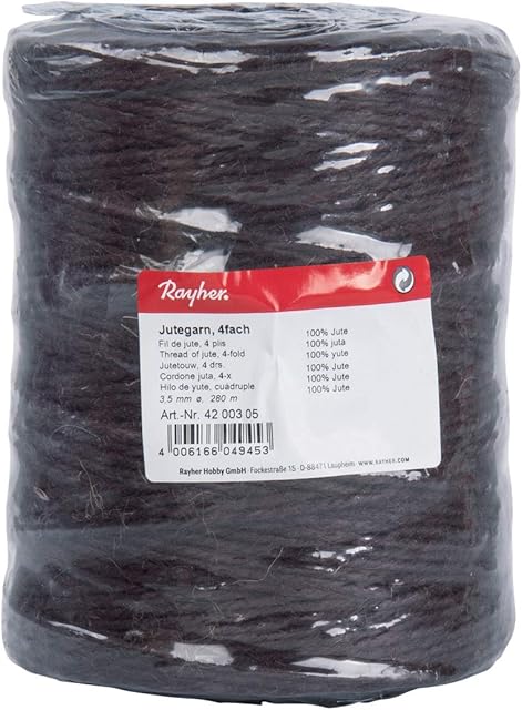 Rayher Hobby Rayher 4200305 przędza jutowa, potrójna, 3,5 mm ø, szpula 280 m, kolor ciemnobrązowy, sznurek jutowy, sznurek do wiązania, sznurek dekoracyjny, sznurek jutowy