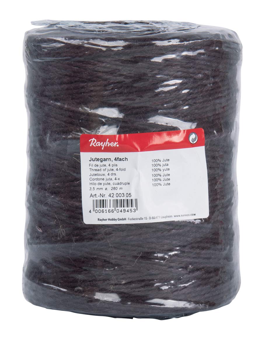 Rayher 4-Fold Natural Jute Thread, for Decorations and Gardening Work, Dark Brown 3.5 mm, 280m Spool