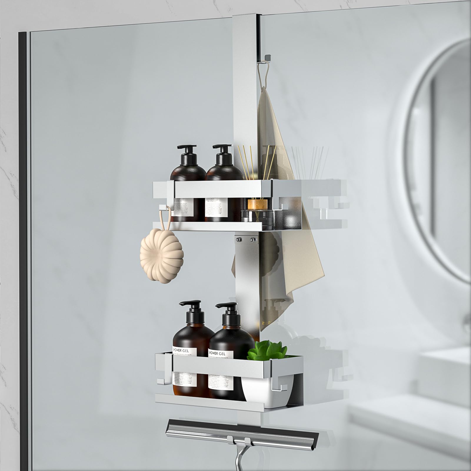 LOOBOV Shower Caddy Hanging SUS304 Stainless Steel Over Frameless Glass Door Shower Shelf Bathroom Organizer Rack No Drilling