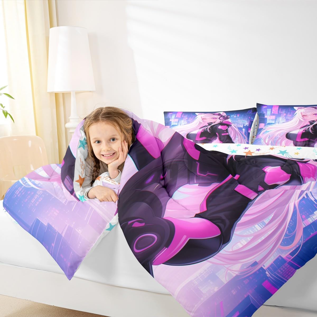 Erosebridal Full Anime Girl Comforter Set 3 Piece, Kawaii Japanese Anime Bedding Set Cartoon Girl Bedding Comforter Sets Sci Fi Style Japanese Animation Quilt for Kids Girls Teens Adult Room