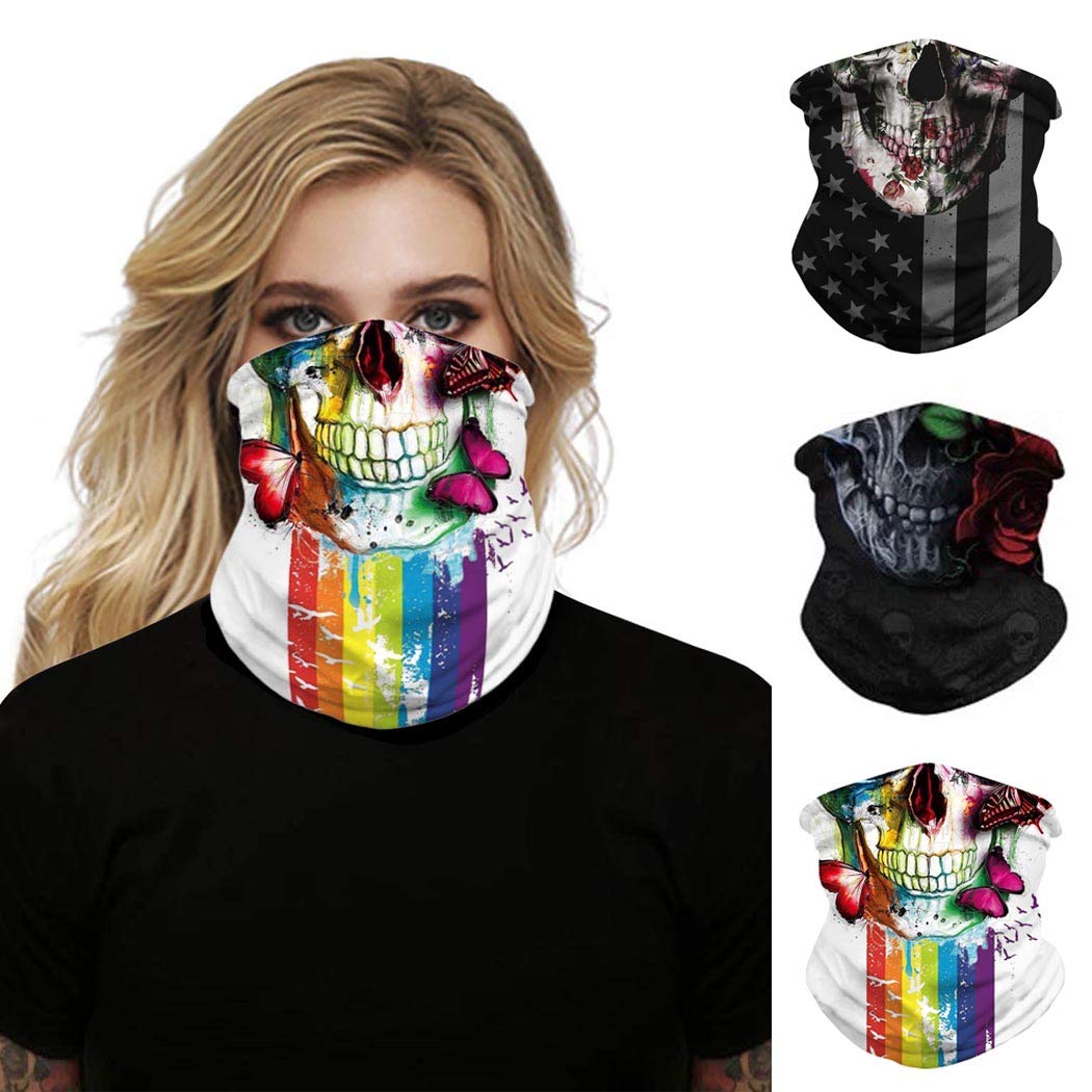 Sethexy Fashion Breathable Neck Gaiter Wicking Multifunctional Face Scarf 3 pcs Skull Print Tube Bandanas Balaclaves for Motorcycling Cycling Hiking Dust Wind Sun Headwear for Men and Women