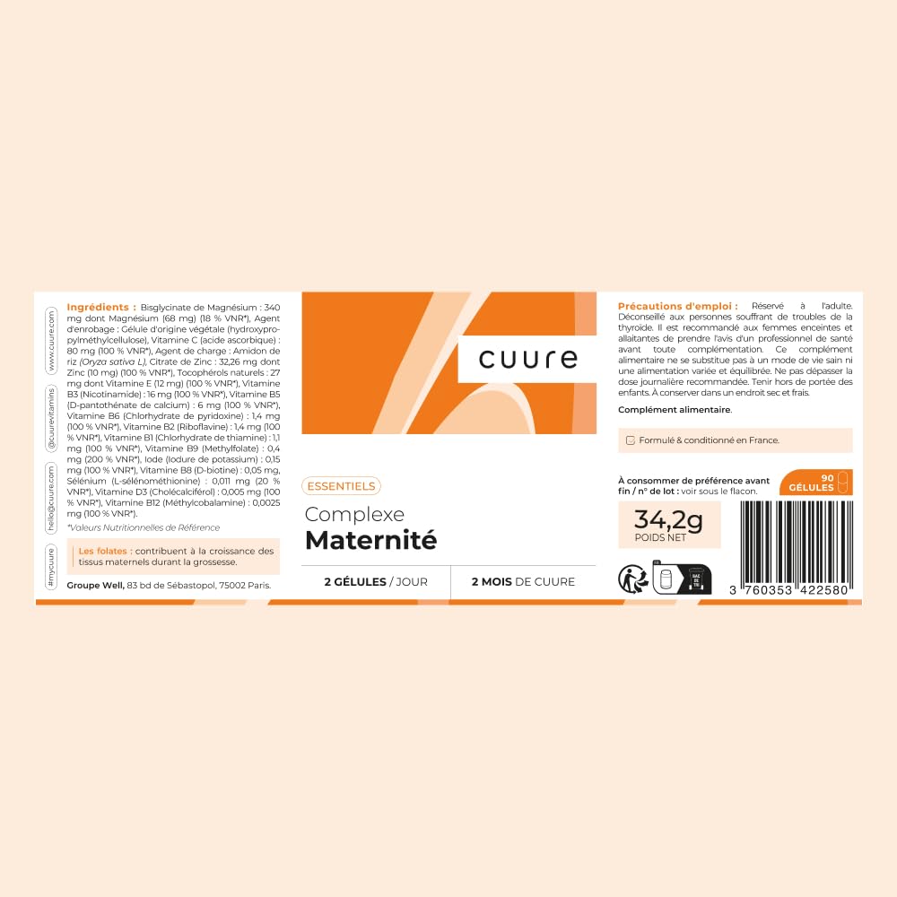 Complexe Maternité Plus Assimilable que l'Acide Folique - CUURE - 45 Jours - Conception, Grossesse et Allaitement - 15 Actifs de Haute Qualité - Vitamine B9, B12, D, Iode, Zinc - Fabriqué en France