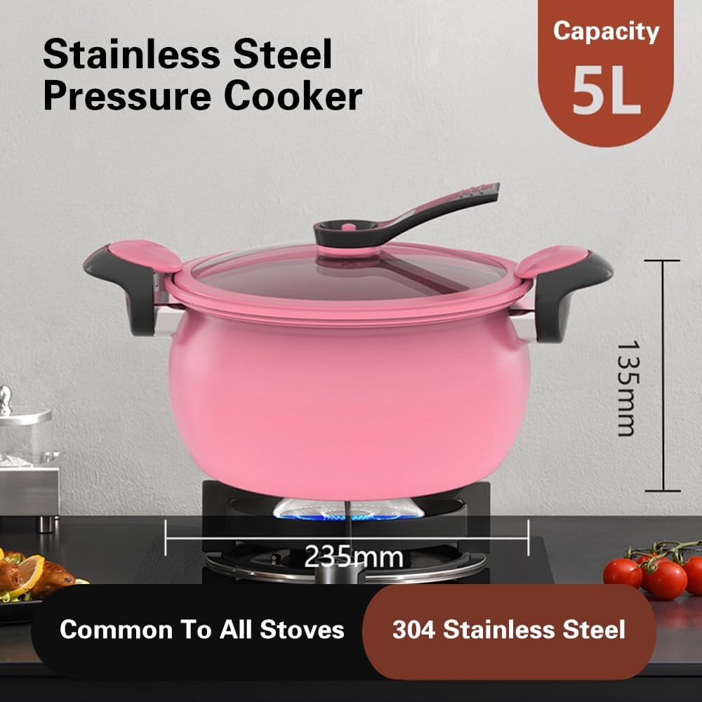 Micro Pressure Cookers Fast Cooking Pressure Cooker 304 Stainless Steel Pot Non-Stick Multi-Function Soup Pot Induction Gas Stove for Vegetables Fish Rice Meat and More,Pink,5L