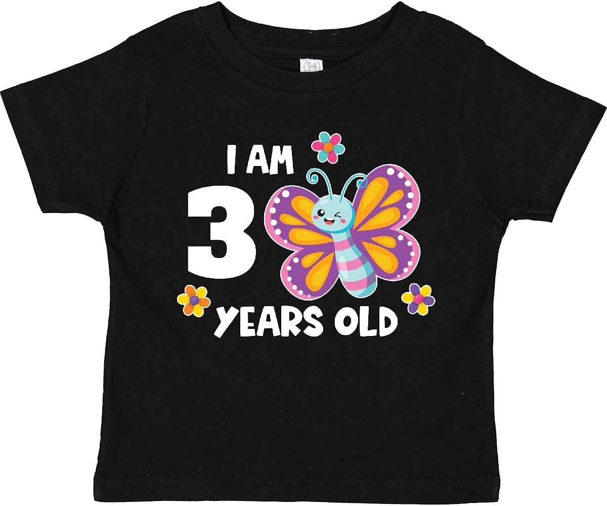 inktastic I Am 3 Years Old Cute Smiling Butterfly with Flowers Toddler T-Shirt
