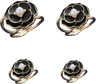 4PCS Fashion Scarf Rings Holder, adjustable Coat Belt Buckle for Trench Coat, Multi-Functional Magnetic Flower Brooch for Shawl Wrap, Scarf Clip Black Floral,Alloy