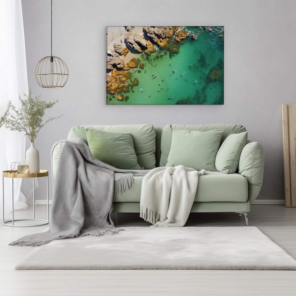 Canvas for Living room. Turquoise Waters Teem with Joyful Swimmers as Yellow Rocks Dot the Vibrant Shoreline, 27 x 18 inch Canvas Wall Art - Beach Sunsets And Sunrises - Modern Home Decor