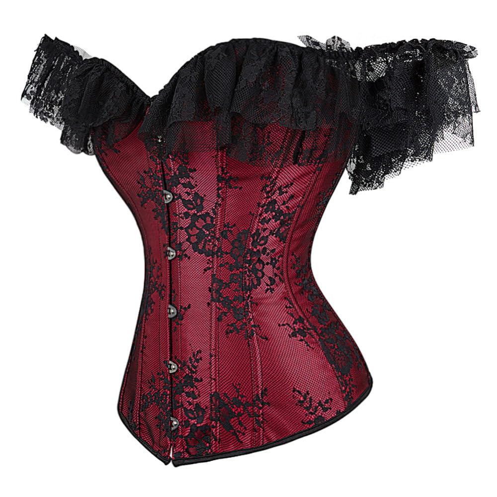 Corsetto Bustier A Maniche Corte In Pizzo Bordeaux Per Donna - Sexy Push Up Overbust Corsetto Basco Bustier Femminili Con Controllo Della Pancia, Bralette Da Festa Punk Gotico Body Shaper Top Da Donn