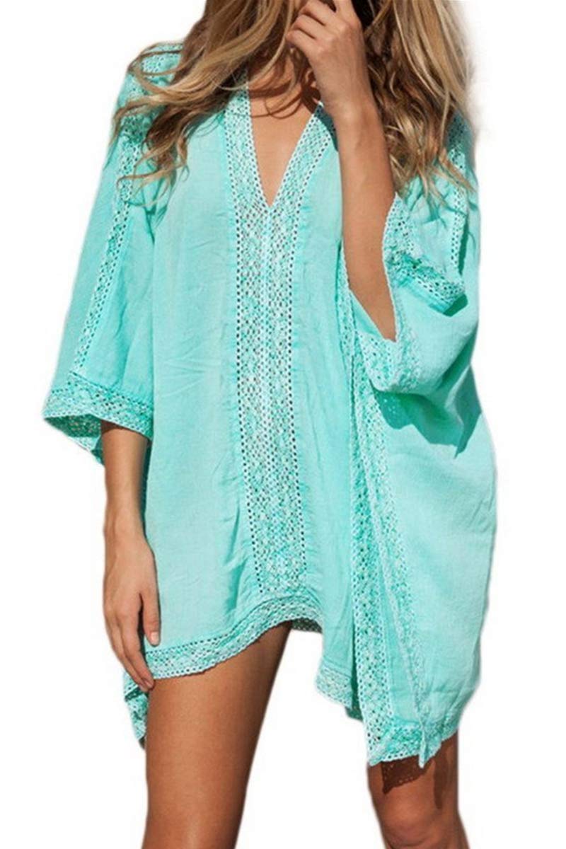 L-Peach Women's Beachwear Tops Summer Cotton Tunic Sarong Swimsuit Bikini Cover Up Green