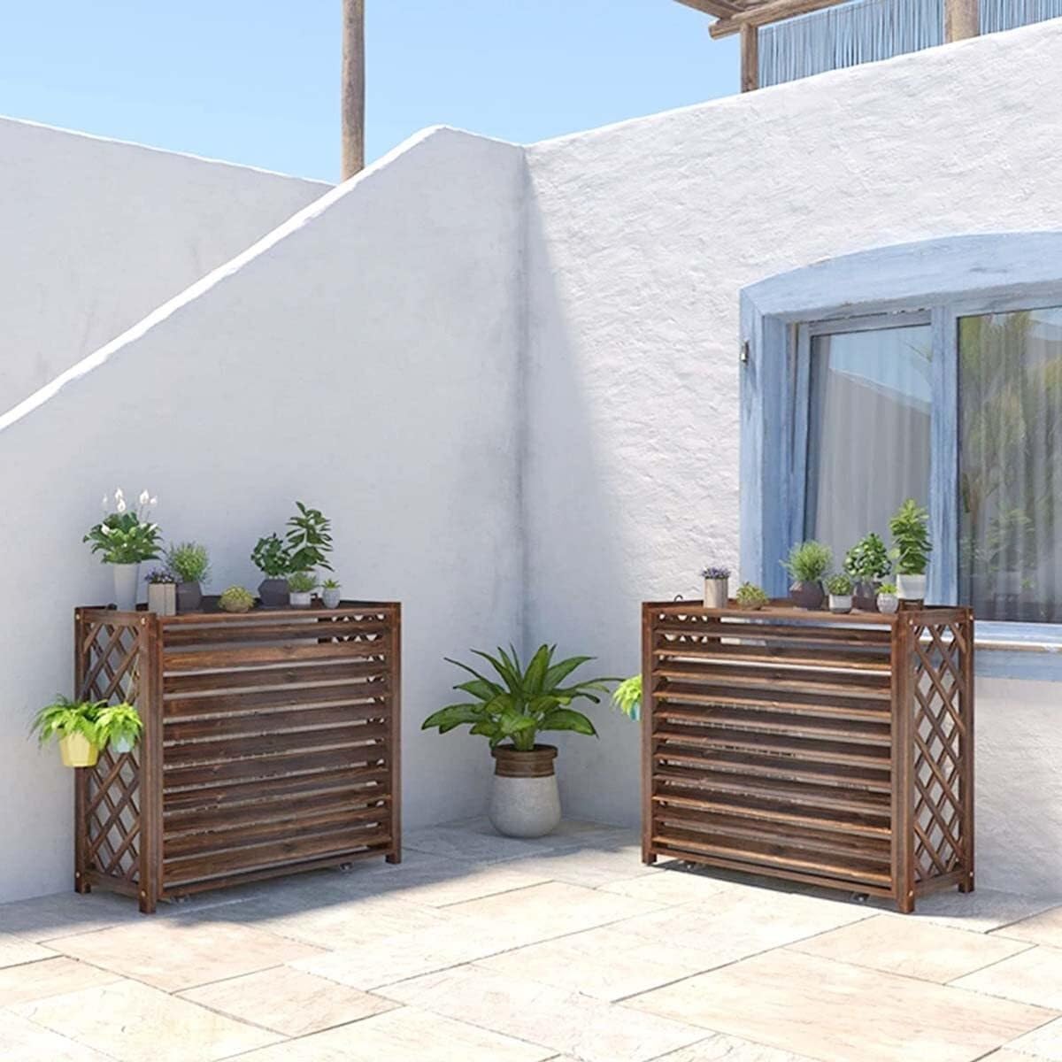 Outdoor Wooden Air Conditioner Fence Cover – Brown Plant Stand, Privacy Screen for AC Unit, Solid Wood Flower Rack with Shutters(85x35x70cm) ()