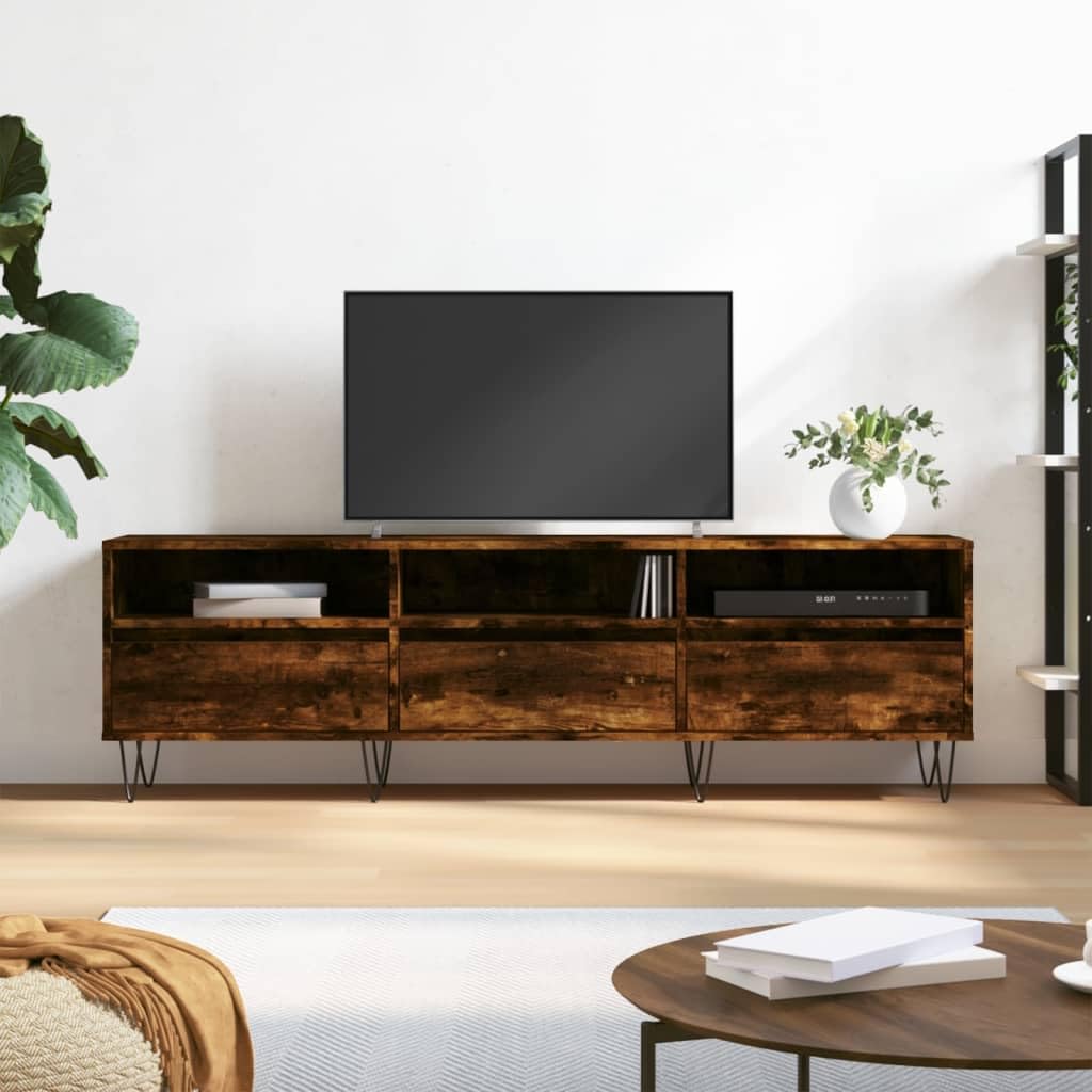 TV-Ständer für Fernseher bis zu 60 Zoll, TV-Schrank, Entertainment-Center mit 3 Schubladen, Regalen und Metallbeinen, lange Boho-Media-TV-Konsole für Wohnzimmer (D-Beine, Raucheiche)