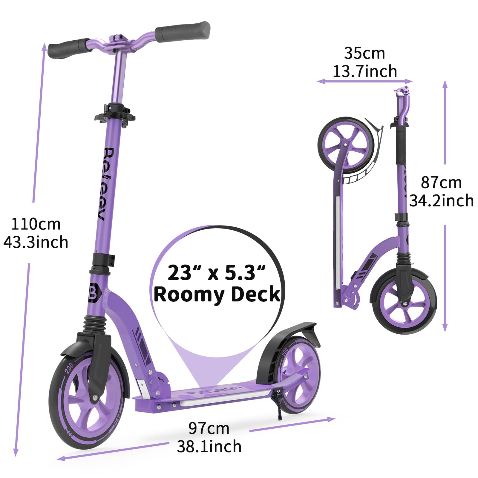 BELEEV Patinete Niño 2 Ruedas con LED Luces Deck,5 Altura Ajustable, Plegable Patinete Big Wheel 230mm Aluminio Scooter Adult con Correa de Transporte, Marco Resistente para 6+ Niño Niña y Adulto