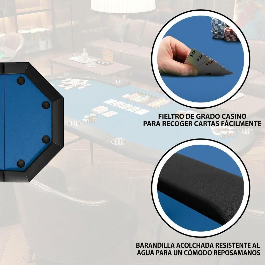 Table De Poker Pliable 120 cm Pour 8 Joueurs, Table De Casino Octogonale Pour Blackjack Et Texas Holdem, Avec Rails Rembourrés Confortables Et 8 Porte-Gobelets Intégrés, Idéale Pour Soirées Jeux, Mais
