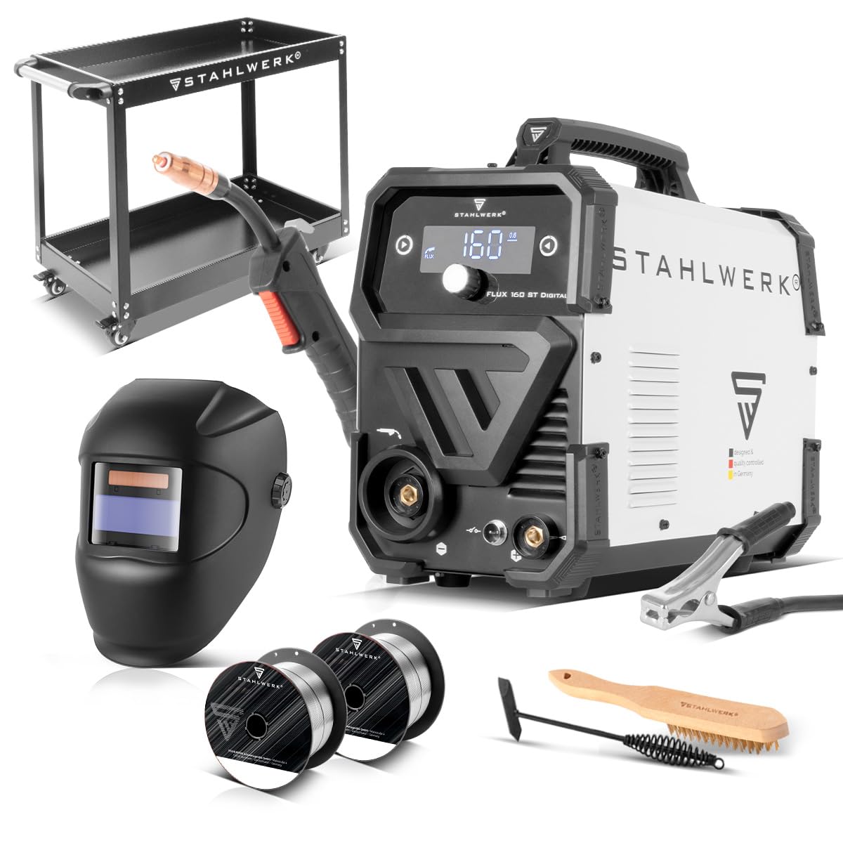STAHLWERK Soldadora MIG/MAG 200 ST Digital – Equipo completo – Máquina de soldar Inverter con 200 A, MMA/Electrodo, FLUX (hilo hueco), posibilidad de soldar sin gas, Spot, avance de hilo sinérgico