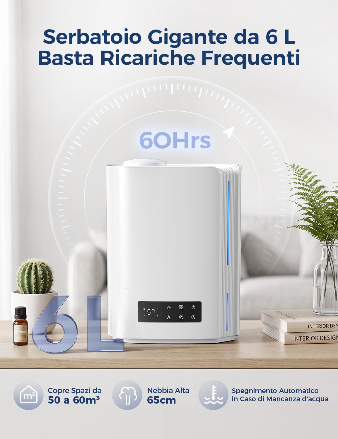AROEVE 6L Ultrasuoni Umidificatore Ambiente 60h Autonomia Silenzioso 25dB | Controllo Umidità Intelligente, Diffusore di Oli Essenziali, Umidificatore a Ultrasuoni Top Fill per Bambini, Piante