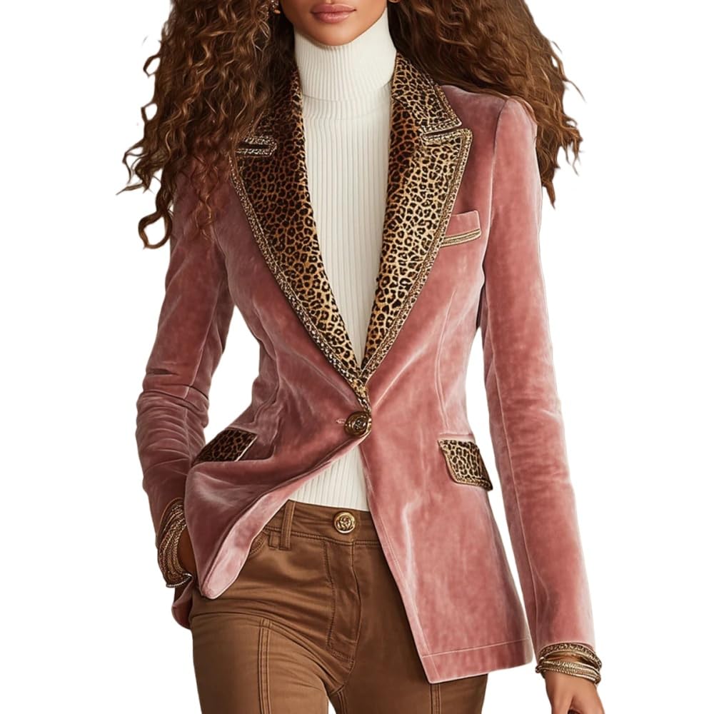 Cheetah Coat Sexy Gold Velvet Leopard Print Patchwork Lapel Long Sleeve One Button Elegant Women Suit Blazers for