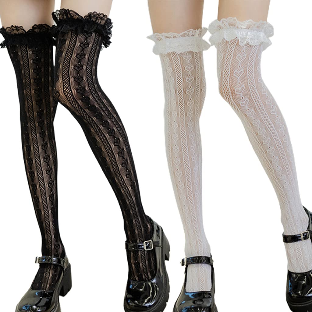 JDIEOQA Women Lolita Fishnet Thigh High Socks, Cute Heart Striped Lace Patterned Over Knee Long Stockings Ruffle