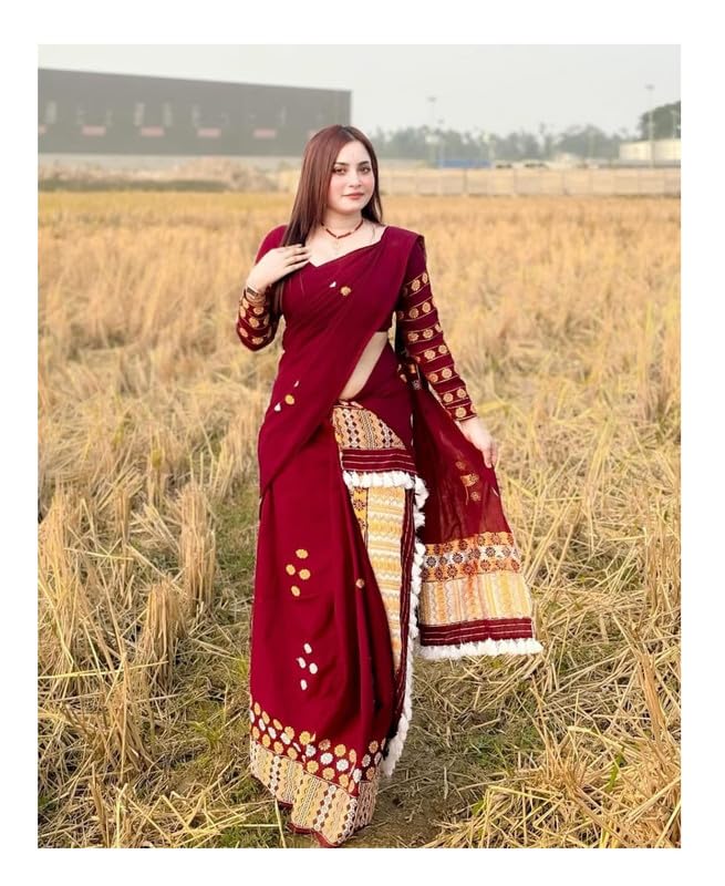 divine fabrics Cotton Mekhela Chador Assamese Traditional Woven Pattern Two Piece Outfit With Blouse Piece Included Maroon Free Size(NOT SAREEE)-picture-14