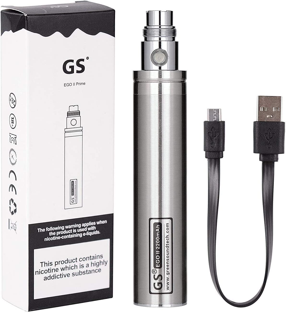 Electronic Cigarette, GS EGO II 2200mAh E-Cigarette, Rechargeable Built-in Battery, Bottom Micro USB Charge 510 Nicotine Free(Silver)