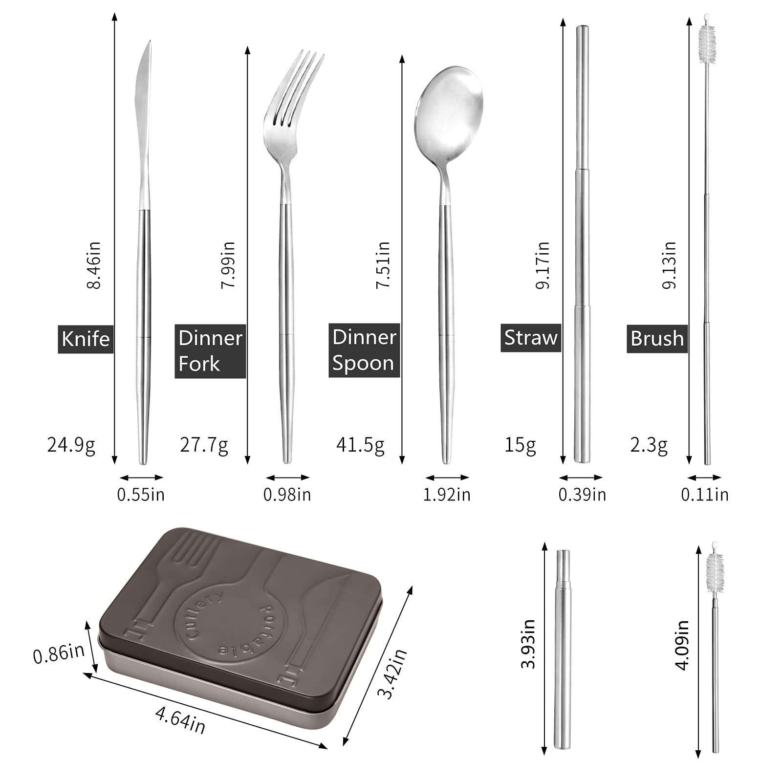 PERHOME Portable & Reusable Stainless Steel Travel Cutlery Set With Case For Camping, Picnic, Office and On-The-Go,Pocket Sized Flatware Set with Clean Cloth and Bag (Silver)